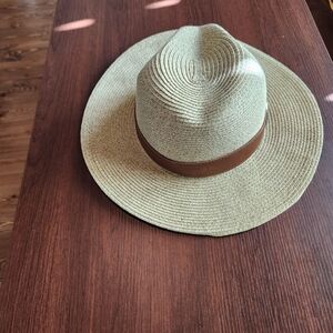 Stylish Tan Straw Hat with Brown Band
